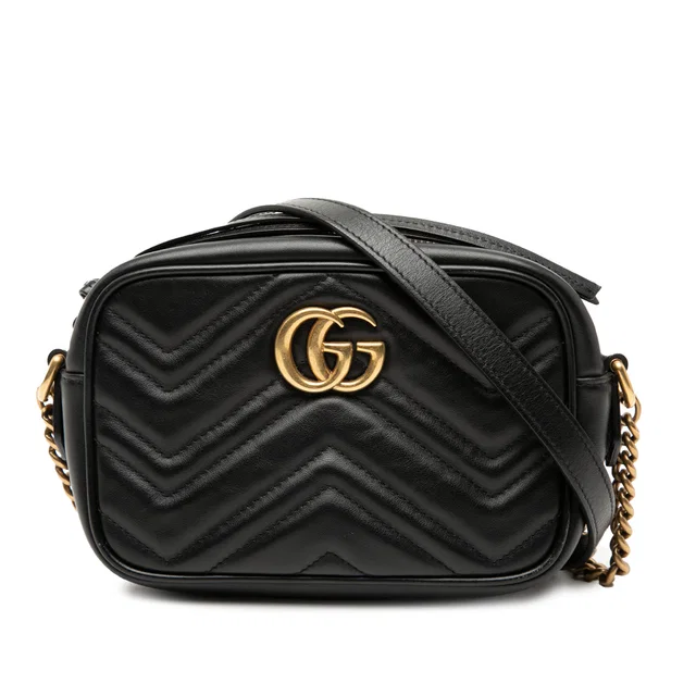 Black Gucci Mini GG Marmont Matelasse Leather Crossbody in Black Leather from Designer Revival