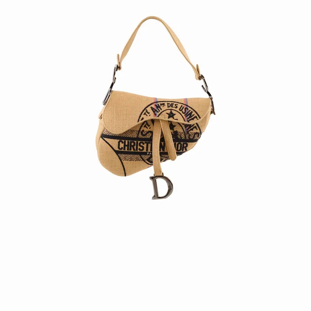 Dior Medium Saddle Jute Canvas Union Motif Beige in Beige Canvas from The Purse Affair