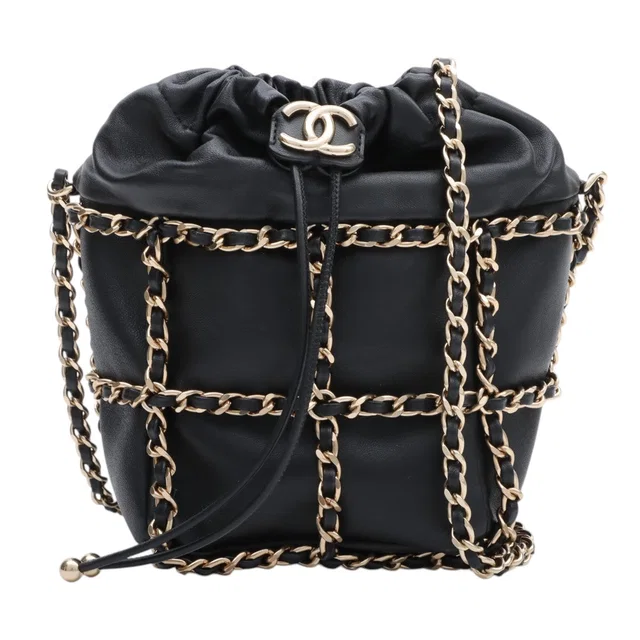 Chanel 2020s CC Mark Plate Drawstring Chain Shoulder Bag Black in Black Lambskin from VINTAGE QOO TOKYO