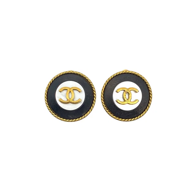 Chanel Vintage Earrings Cocomark Round Gold Black Accessory 94A in Black from Luxury Promise