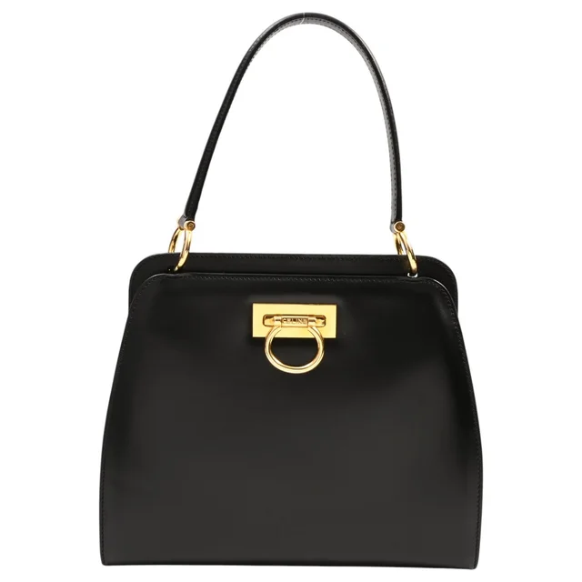 Celine Caro logo plate top-handle bag, black from VINTAGE QOO TOKYO
