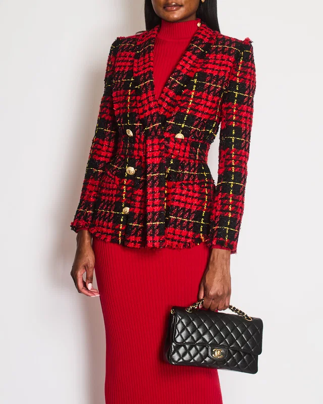 Balmain Red and Black Tweed Belted Double-Breasted Blazer Jacket with Gold Lion Buttons Size FR 36 (UK… in Black Tweed from Sellier