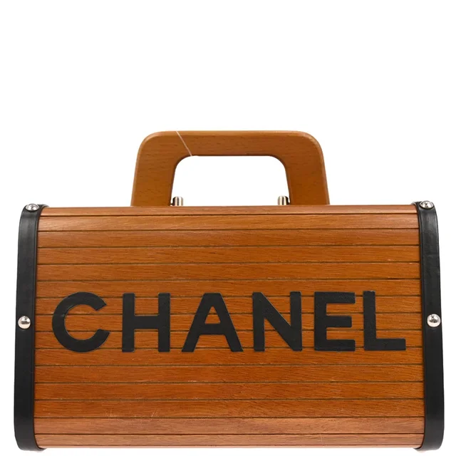 Chanel 1994-1996 Brown Black Wood Vanity Handbag Box in Black Leather from AMORE Vintage Tokyo
