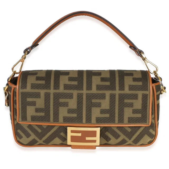 Fendi Green Tan FF Embroidery Canvas Medium Baguette Bag in Brown Canvas from myGemma