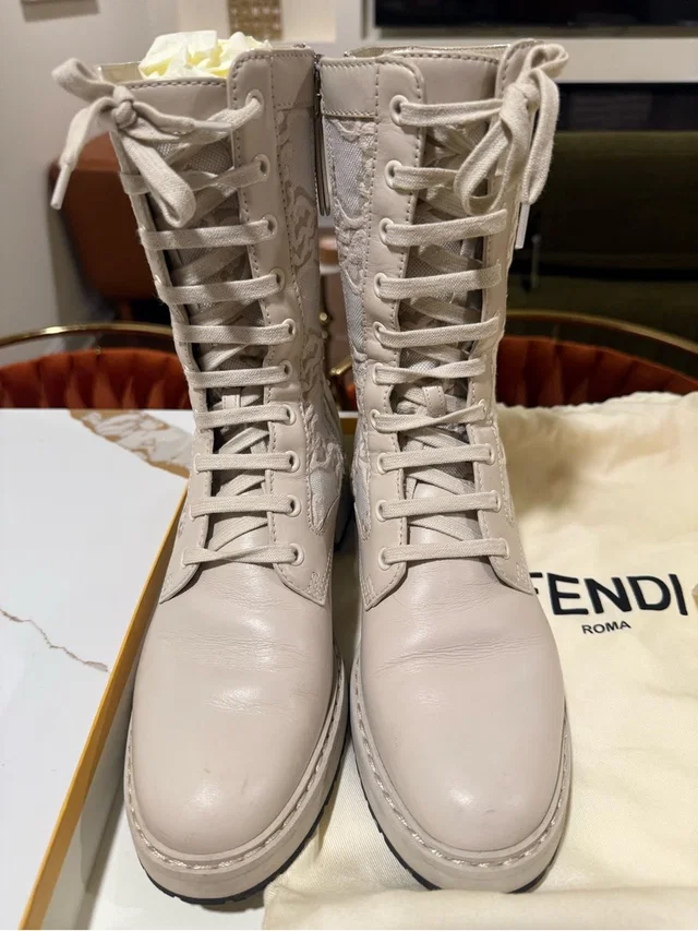 Fendi Karligraphy Cream Ivory Combat Boots Size 40 in White Leather from Poshmark