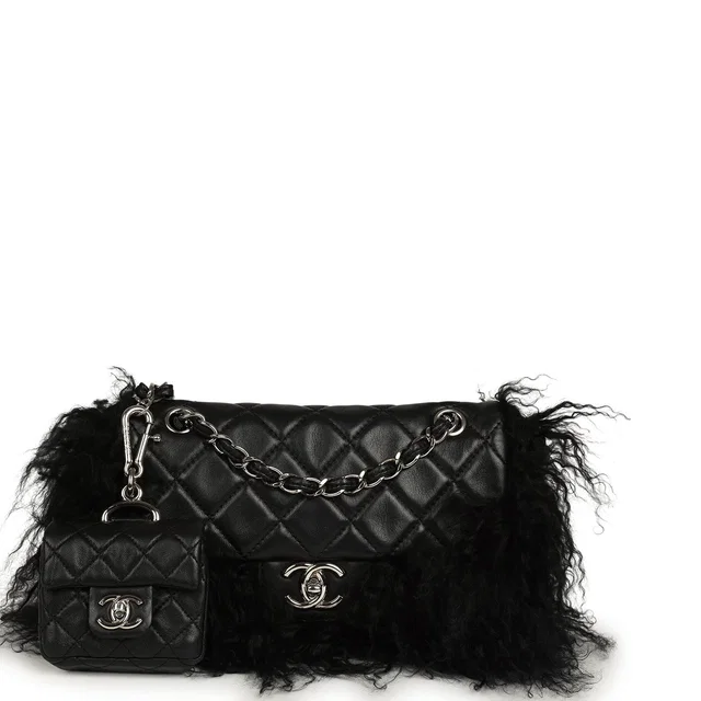 Chanel Medium "Tibet" Flap Bag & Mini Flap Bag Charm Black Lambskin, Goat Fur Silver Hardware in Black Lambskin from Madison Avenue Couture