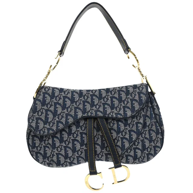 Dior Navy Trotter Double Saddle Handbag in Navy Canvas from AMORE Vintage Tokyo