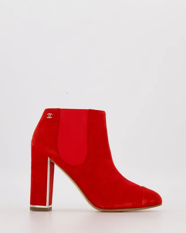 Chanel Red Suede Heeled Ankle Boots Size EU 37.5 in Red Suede from Sellier