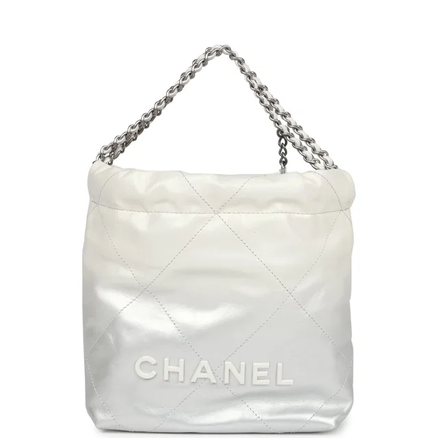 Chanel Mini 22 Bag White, Silver Ombre Metallic Calfskin Silver Hardware in White/Silver Calfskin from Madison Avenue Couture