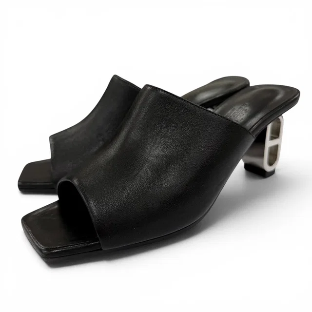 Hermès Iconic Silver Chaine D'Ancre Heels Leather Sandals Black in Black Leather from The Reluxe