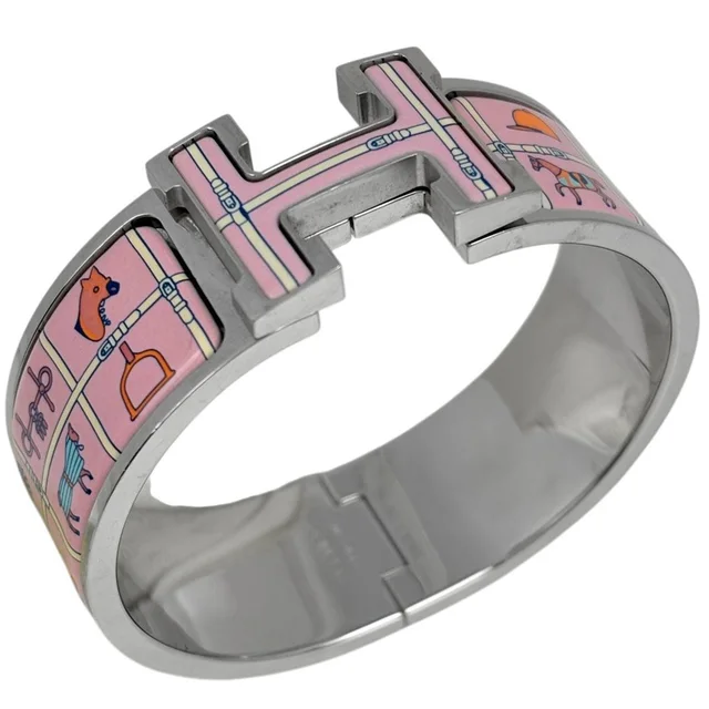 Hermès Clic Clac Enamel Bracelet Bangle Metal Silver Pink in Pink from The Reluxe