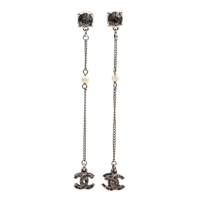 Chanel 2003 Pearl Rhinestone CC Mark Swing Earrings Silver in Silver from VINTAGE QOO TOKYO