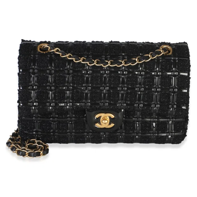 Chanel Black Tweed Woven Patent Medium Classic Double Flap Bag in Black Patent leather from myGemma