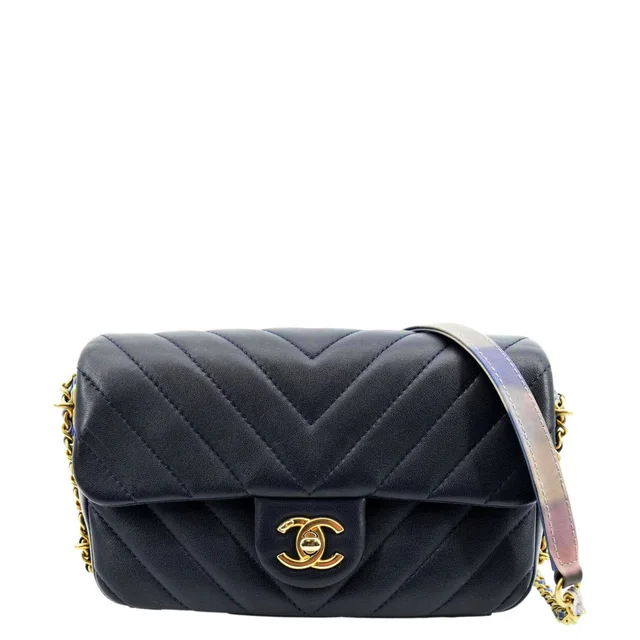 Chanel Mini Rectangular Flap Chevron Leather Crossbody Bag Navy Blue in Navy Leather from Dallas Designer Handbags