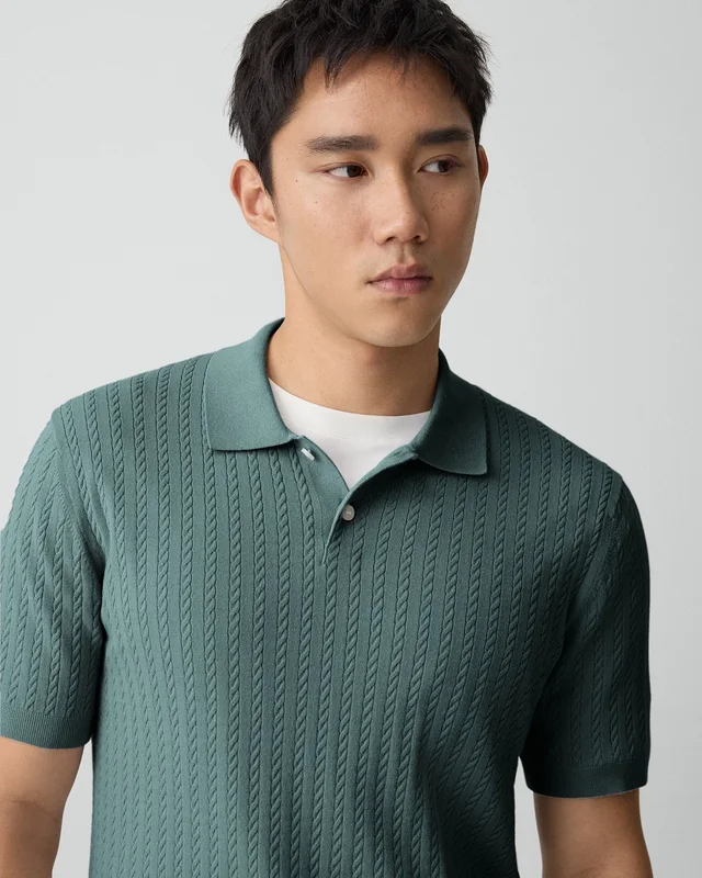 Theory Soris Cable-Knit Polo Shirt in Light Bilen in LIGHT PINE GROVE 62% Viscose, 38% Polyester; Exclusive Of Elastic, photo 4 of 12 from Theory