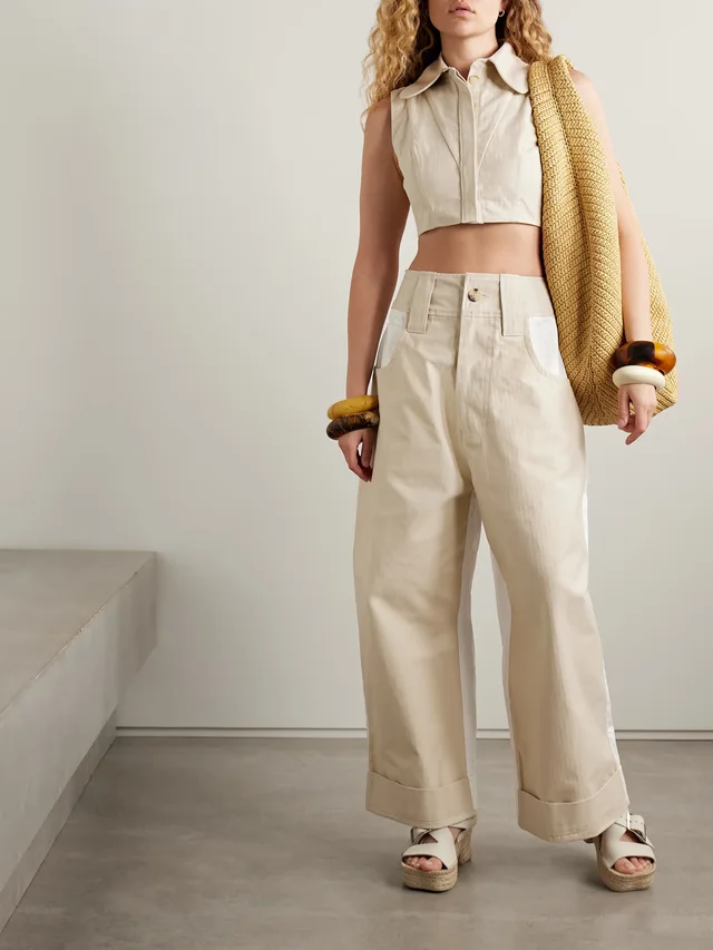 TOLU COKER Cropped paneled herringbone cotton top in Beige, photo 2 of 2 from NET-A-PORTER (Canada)