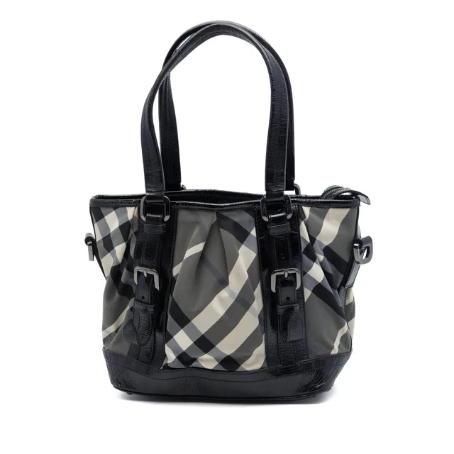 Grey Burberry Beat Check Nylon and Patent Lowry Satchel in Grey Patent leather from Designer Revival