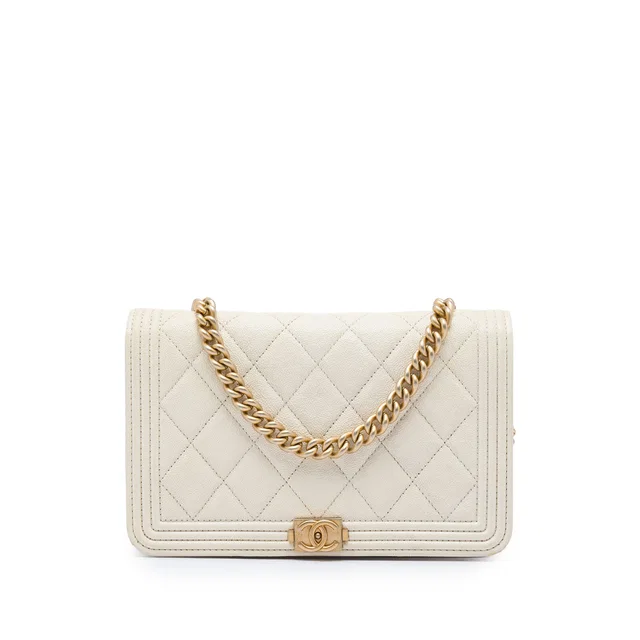 White Chanel Quilted Caviar Boy Wallet on Chain Crossbody Bag in White Caviar leather from Designer Revival