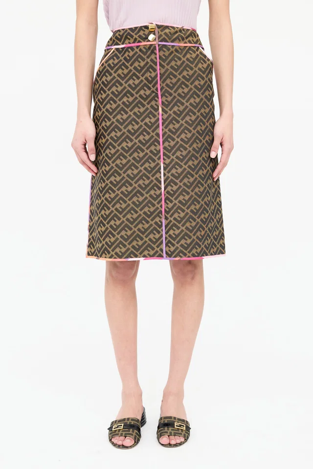 Fendi 2000 FF Piped Midi Skirt in Woven leather from VSP Consignment
