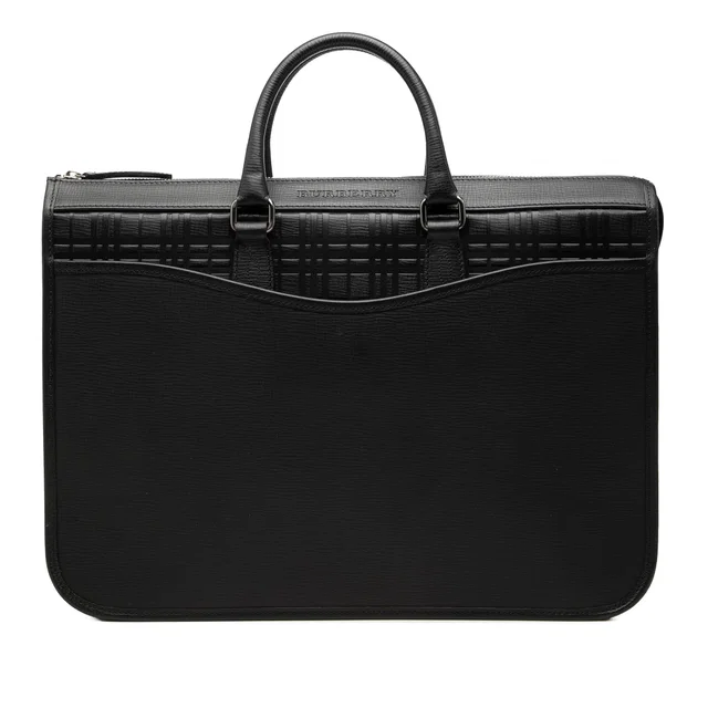 Black Burberry Check Embossed Trimmed Leather Business Bag in Black Leather from Designer Revival
