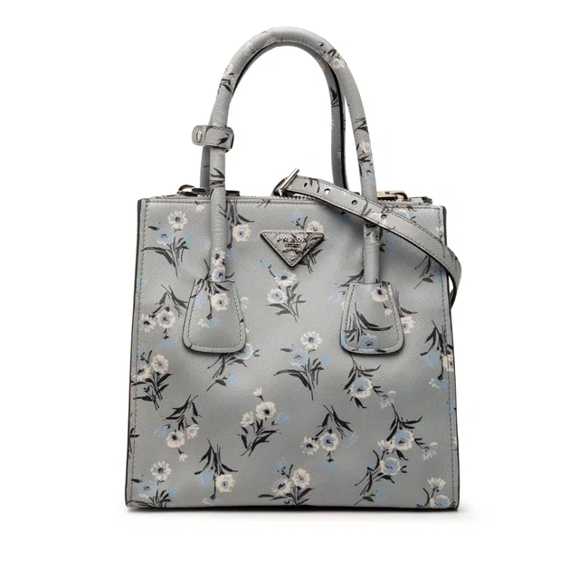Gray Prada Saffiano Floral Print Twin Pocket Satchel in Grey Saffiano leather from Designer Revival