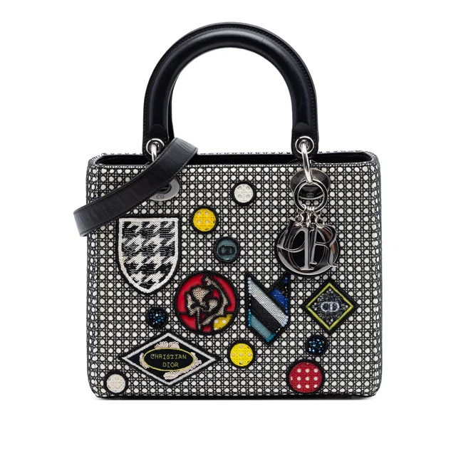 Black Dior Medium Calfskin Mesh Microcannage Patches Lady Dior Satchel in Black Calfskin from Designer Revival