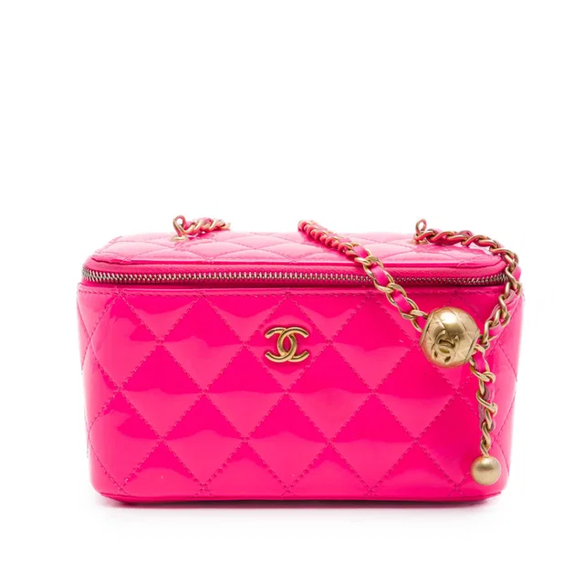 Pink Chanel Small Quilted Patent Pearl Crush Vanity Case with Chain Crossbody Bag in Pink Patent leather from Designer Revival