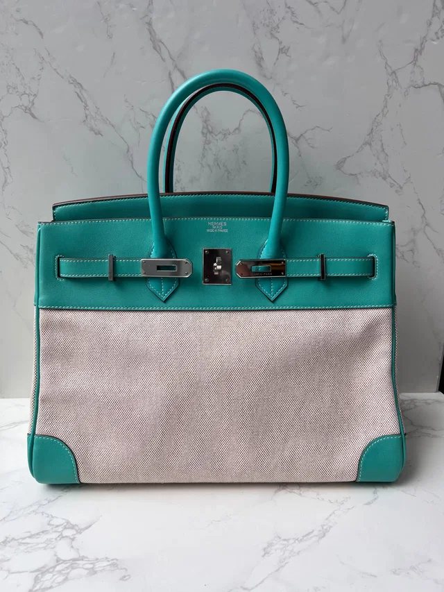 Hermès Toile Birkin 35 Blue Lagoon PHW in Blue Swift leather from Luxury Promise