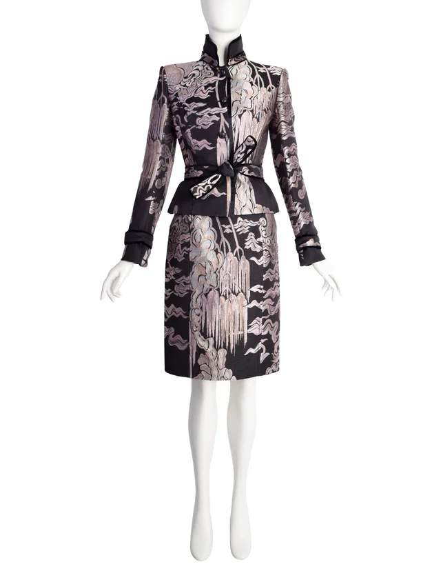 Saint Laurent by Tom Ford Vintage AW2004 Iconic Chinoiserie Scenic Jacquard Jacket Skirt Suit in Velvet from Amarcord Vintage Fashion