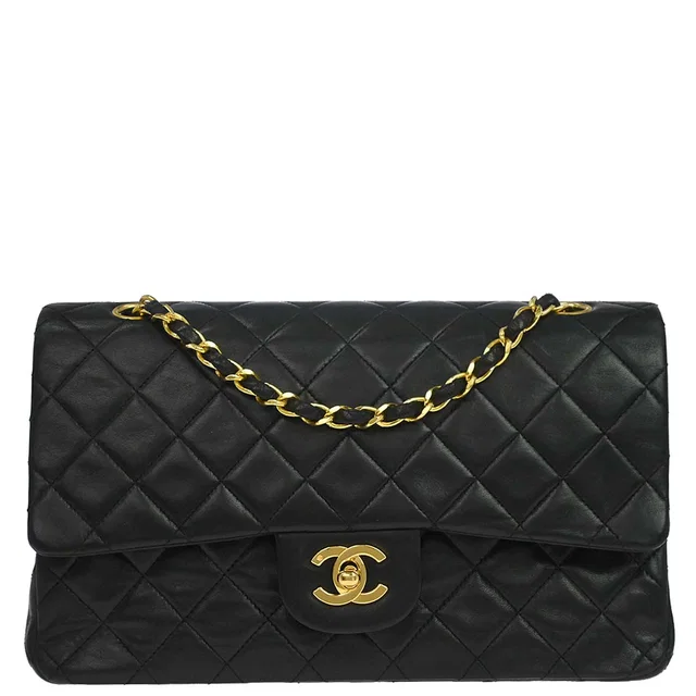 Chanel 1989-1991 Black Lambskin Medium Classic Double Flap Shoulder Bag in Black Lambskin from AMORE Vintage Tokyo