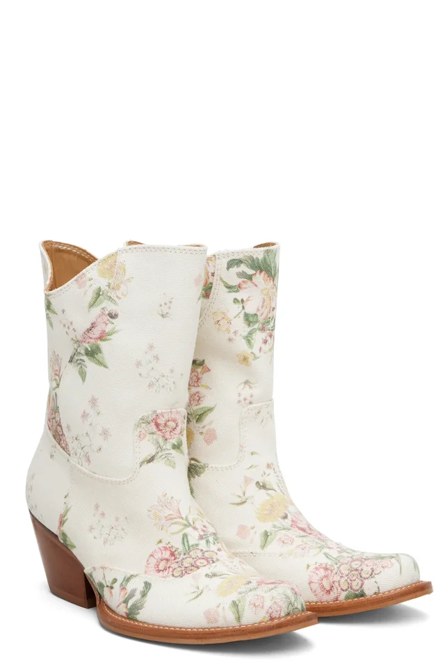 OPEN YY Off-White Floral Western Mid Calf Boots, photo 4 of 5 from SSENSE