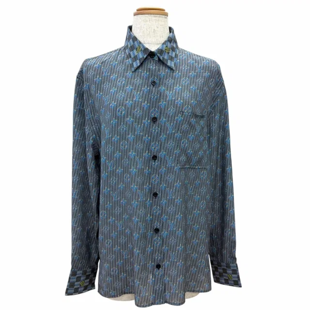 Louis Vuitton 100% 3D Monogram Print Logo Button Long Sleeve Shirt Blue 34 in Blue Silk from The Reluxe