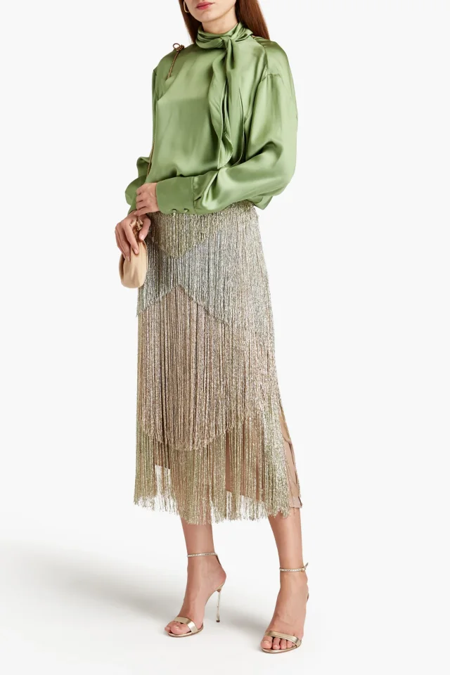Valentino Garavani Fringed Beaded Tulle Midi Skirt, photo 2 of 4 from THE OUTNET