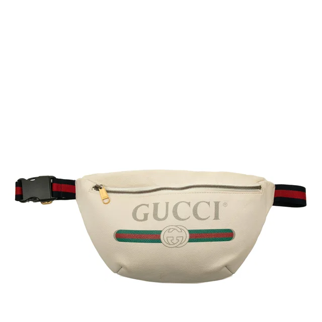 White Gucci Grained Calfskin Logo Belt Bag in White Caviar leather from Designer Revival