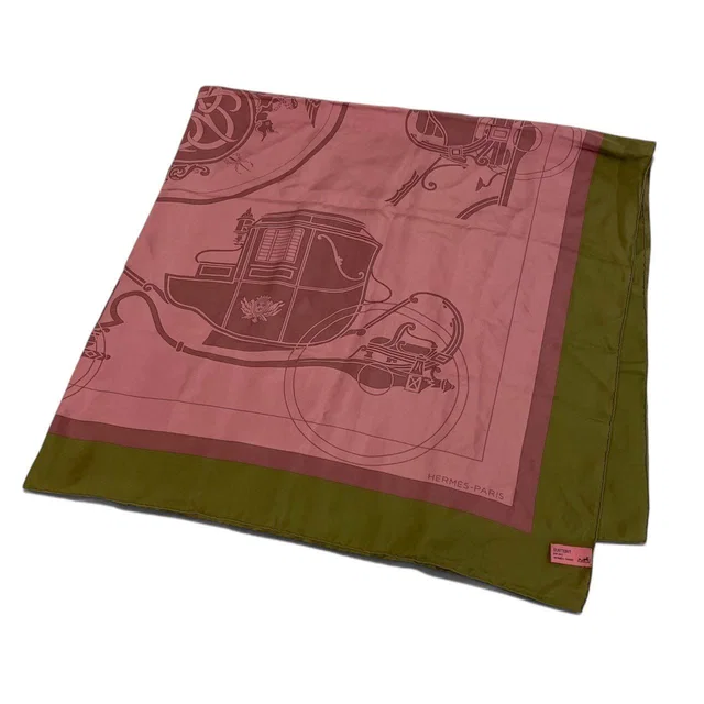 Hermès Carre 130 Ex-Libris Carriage Pink Khaki Silk Scarf in Green Silk from The Reluxe