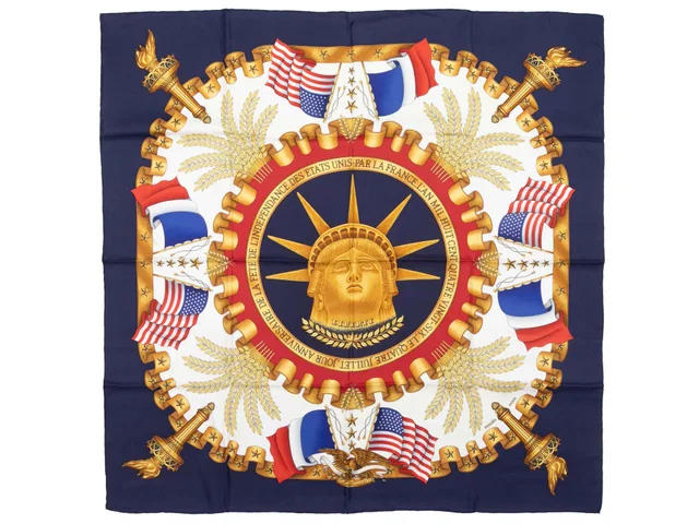 Navy & Multicolor Hermes Liberty by Joachim Metz Motif Print Silk Scarf in Navy Silk from Designer Revival