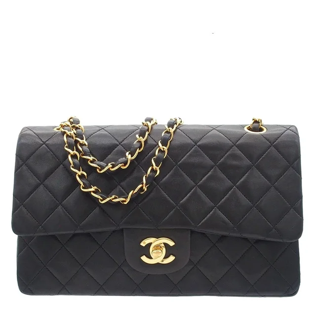 Chanel Black Lambskin Quilted 25 Double Flap Chain Shoulder Bag Vintage in Black Lambskin from The Reluxe