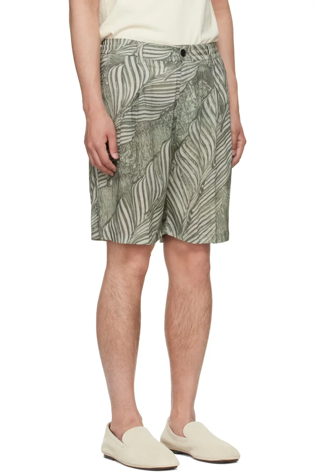 YOKE Green Leaf Pattern Printed Rayon 2Pleated Easy Shorts, photo 2 of 4 from SSENSE