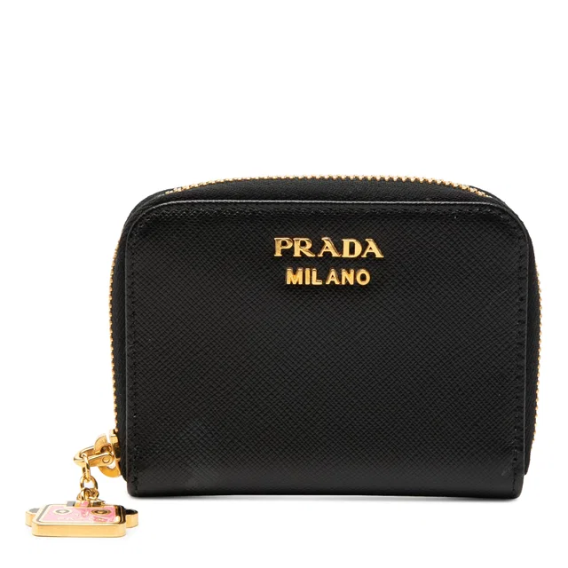 Black Prada Saffiano Zip Around Coin Pouch in Black Saffiano leather from Designer Revival