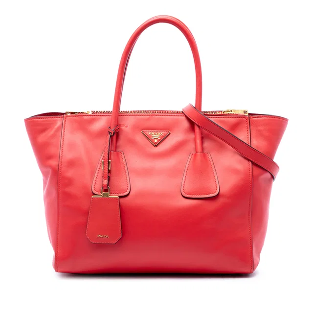 Red Prada Glace Calf Twin Pocket Double Handle Satchel in Red Calfskin from Designer Revival