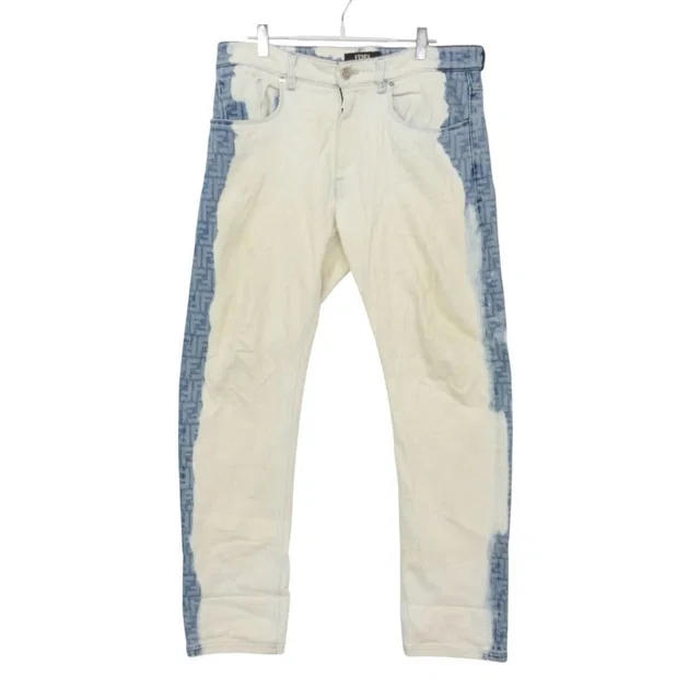 Fendi Denim Pants Zucca Pattern Bleached Jeans Blue White /34 33 in White Denim from The Reluxe