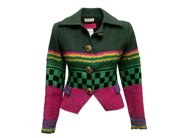 Vintage Black & Multicolor Christian Lacroix Wool Checkerboard & Striped Skirt Suit Size FR 36 in Black Wool from Designer Revival