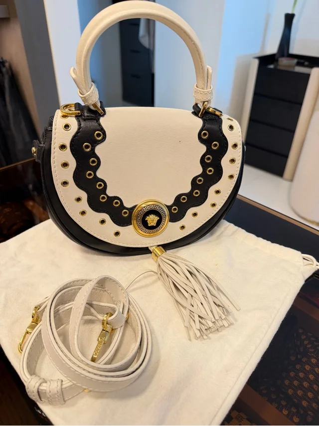 Versace White & Black Leather Tassel Top-Handle Mini Bag With Removable Strap in black|white Leather from Poshmark