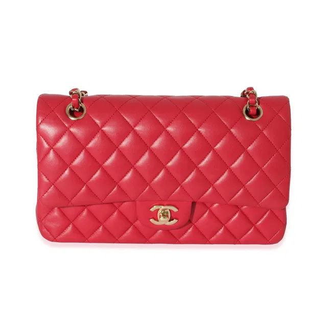 Chanel Dark Pink Quilted Lambskin Medium Classic Double Flap Bag Leather Handbag in Pink Lambskin from HEWI