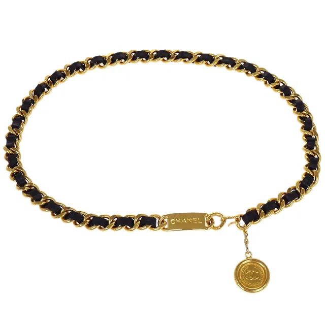 Chanel Chain Belt Medallion Gold Black Small Good in Black Leather from AMORE Vintage Tokyo
