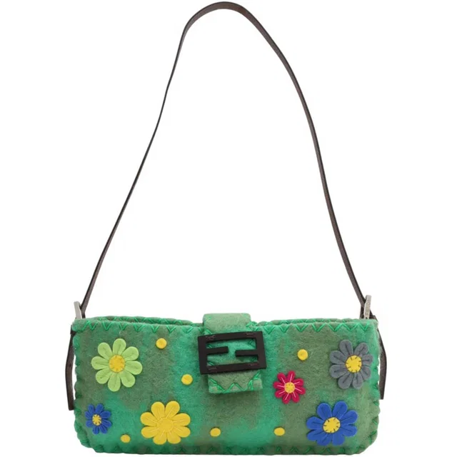 Fendi Felt Flower Motif Mamma Baguette Metal Green in Green from VINTAGE QOO TOKYO