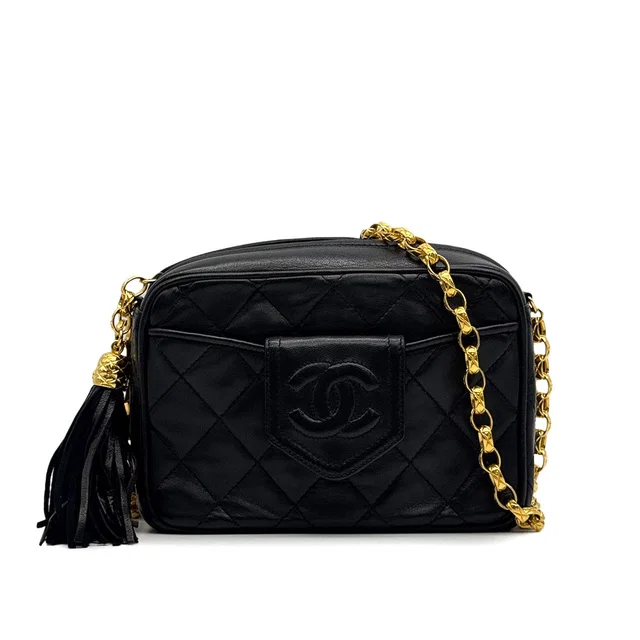 Chanel Vintage Fringe Bijou Chain Shuolder Bag Black Lamb Skin Gold Hardware in Black from Luxury Promise