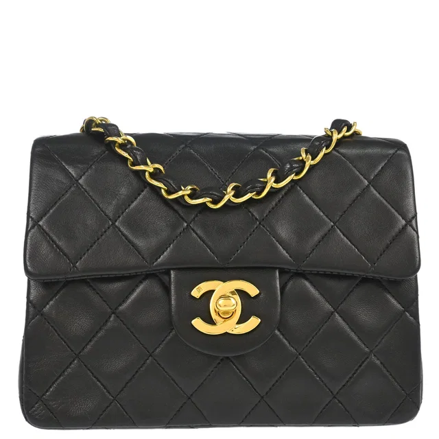 Chanel 1991-1994 Black Lambskin Mini Classic Square Flap Shoulder Bag 17 in Black Lambskin from AMORE Vintage Tokyo