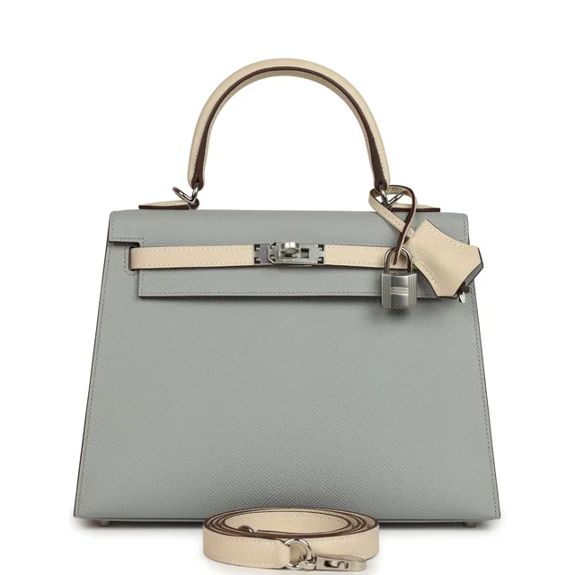Hermès Special Order (HSS) Kelly Sellier 25 Bleu Glacier, Craie Epsom Palladium Hardware in White Epsom leather from Madison Avenue Couture