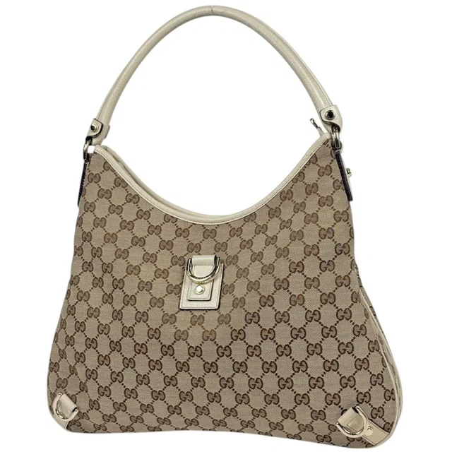 Gucci Shoulder Bag GG Pattern Abbey Canvas Beige White in White Canvas from The Reluxe